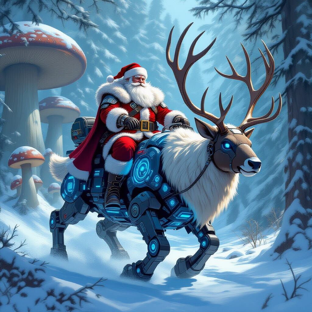 Warrior Santa on Robotic Reindeer in Mushroom Forest