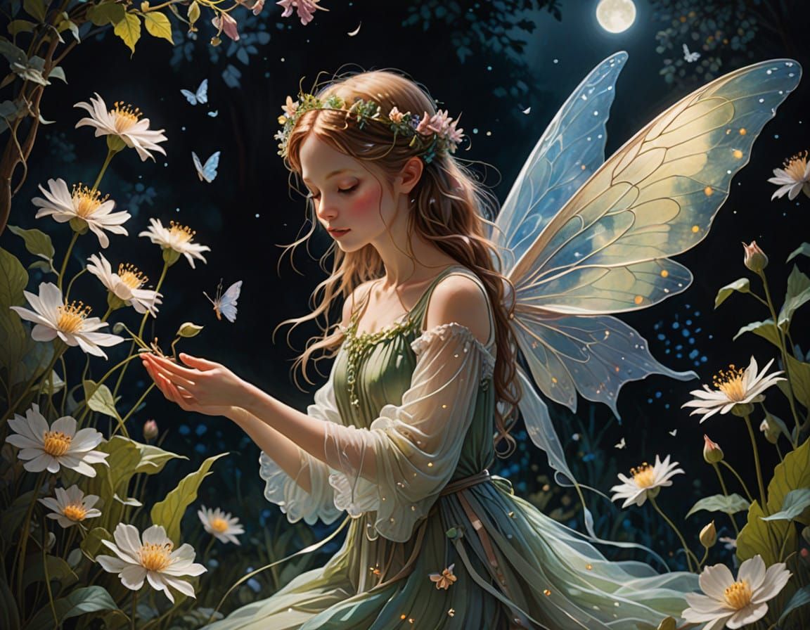 Whimsical Fairy in a Moonlit Garden of Night-Blooming Flower...