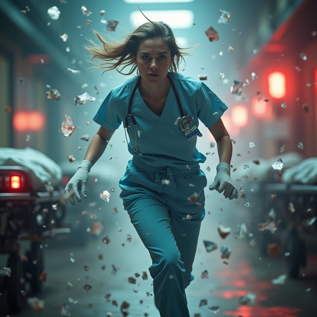 Nurse in Chaotic Scene with Floating Crystals