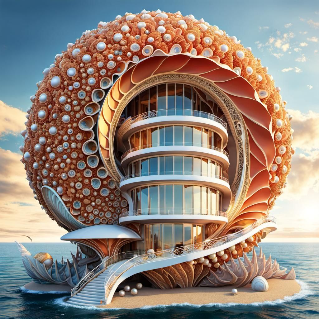 Intricate Snail Shell House at Lakeside in Nouveau Art