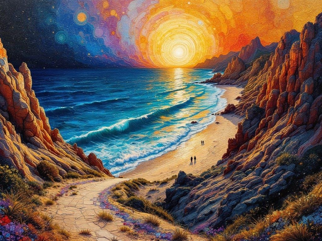 Surreal Terraformed Landscape with Shimmering Colors