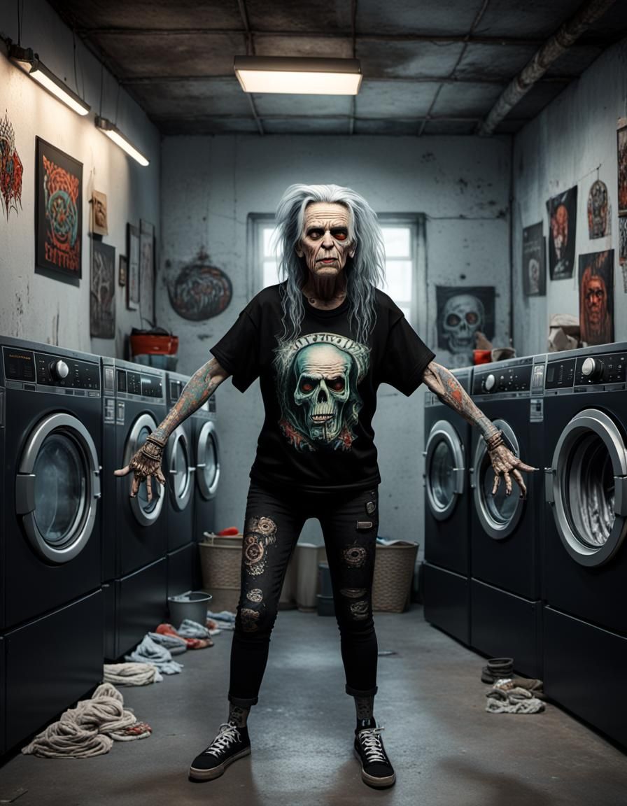 Hyperrealistic Rocker Chick Folding Laundry