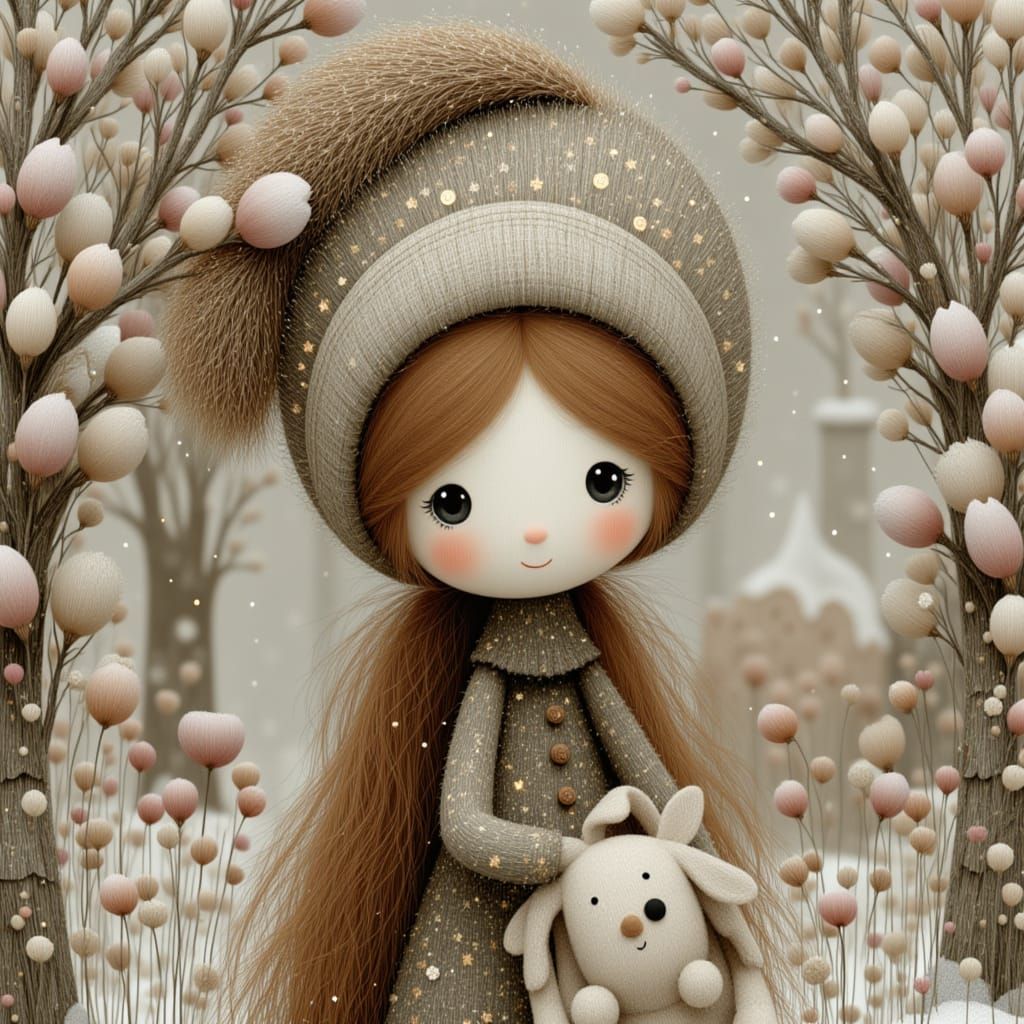 Girl in Whimsical Village with Surreal Animals