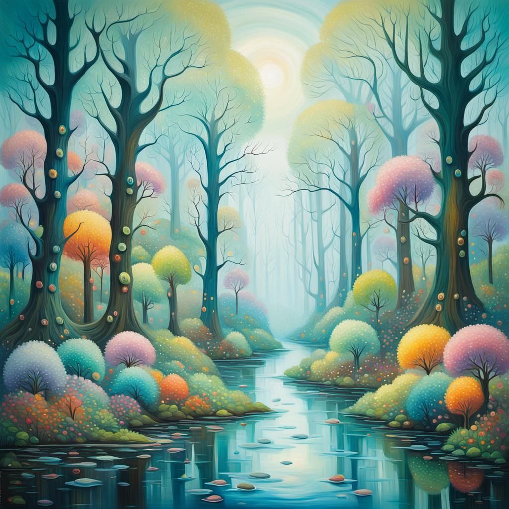 Mystical Forest with Glass River, as Oil Painting