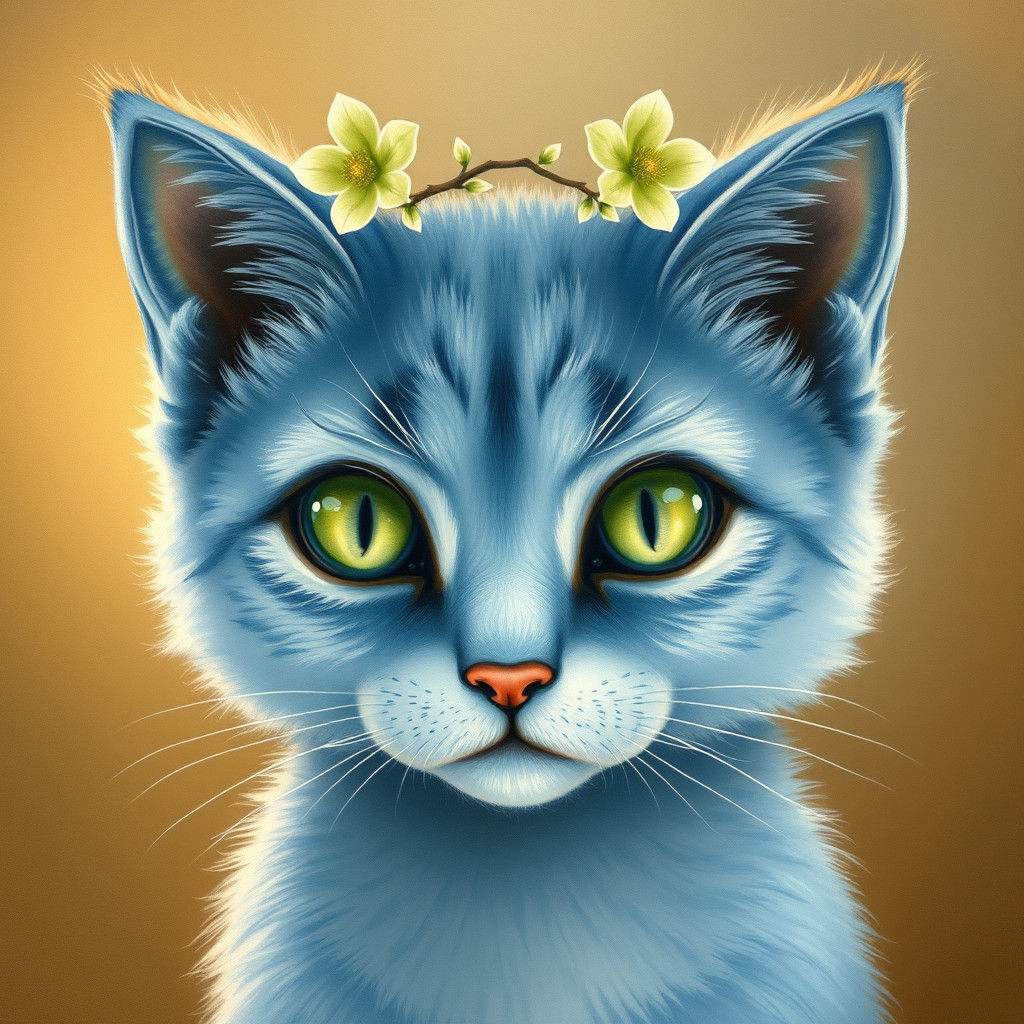 Blue Cat with Flower, Watercolor Style
