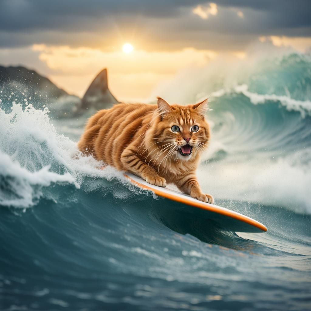 Orange Cat Surfing Atlantic Wave, Professional Photography