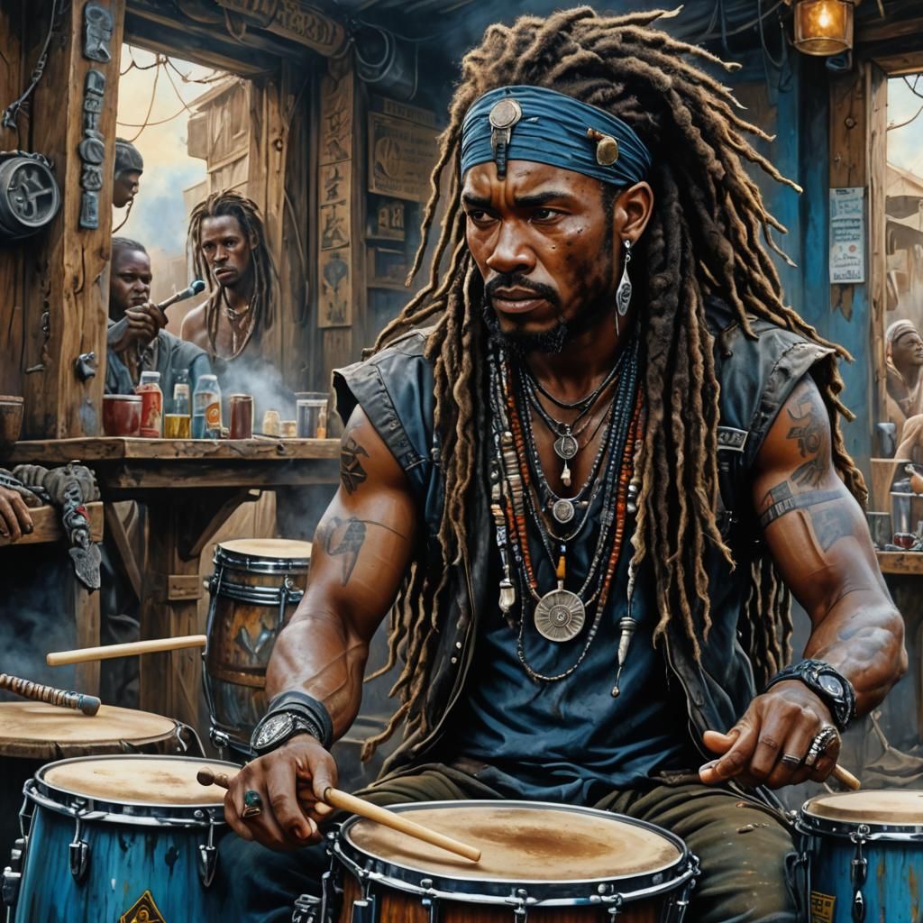 Post-Apocalyptic African Percussionist in Hyperdetailed Acry...