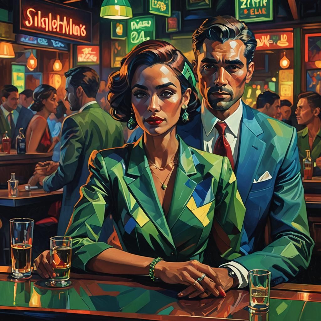 Cubist Bar Scene with Man and Woman in Neon Light