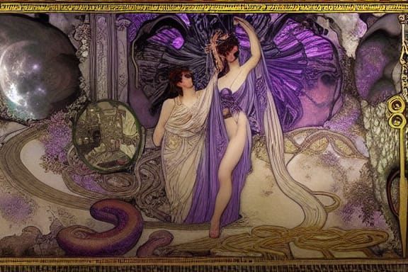 Mysterious Temple Cave Scene in Mucha Style