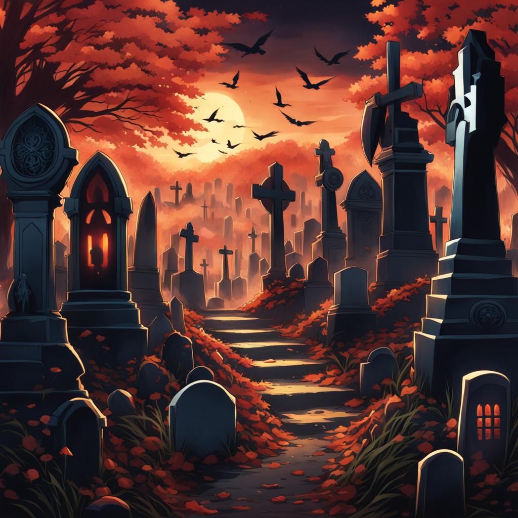 Anime-Style Graveyard Scene with Souls