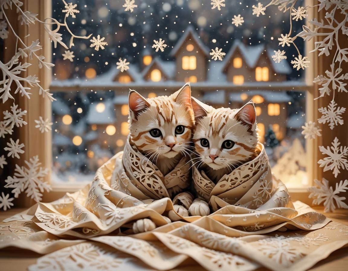 Cozy Kittens Snuggling in Origami Paper Art Style