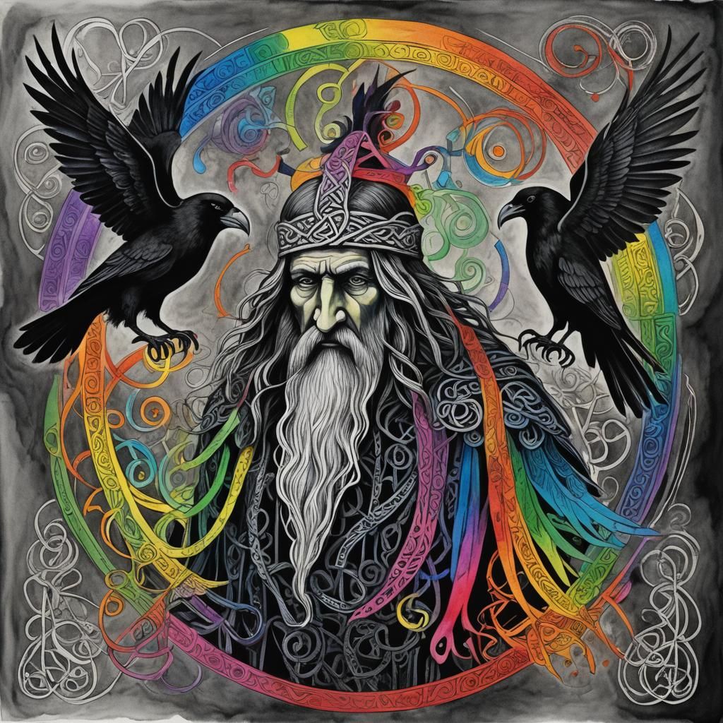 Odin in Surreal Celtic Knotwork Crayon Drawing