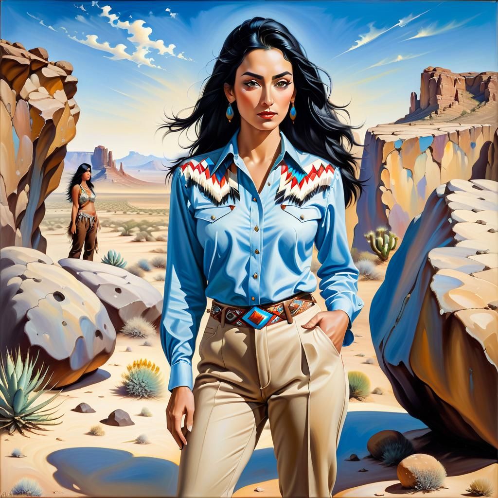 Native American Woman in Desert, Impressionistic Oil Paintin...