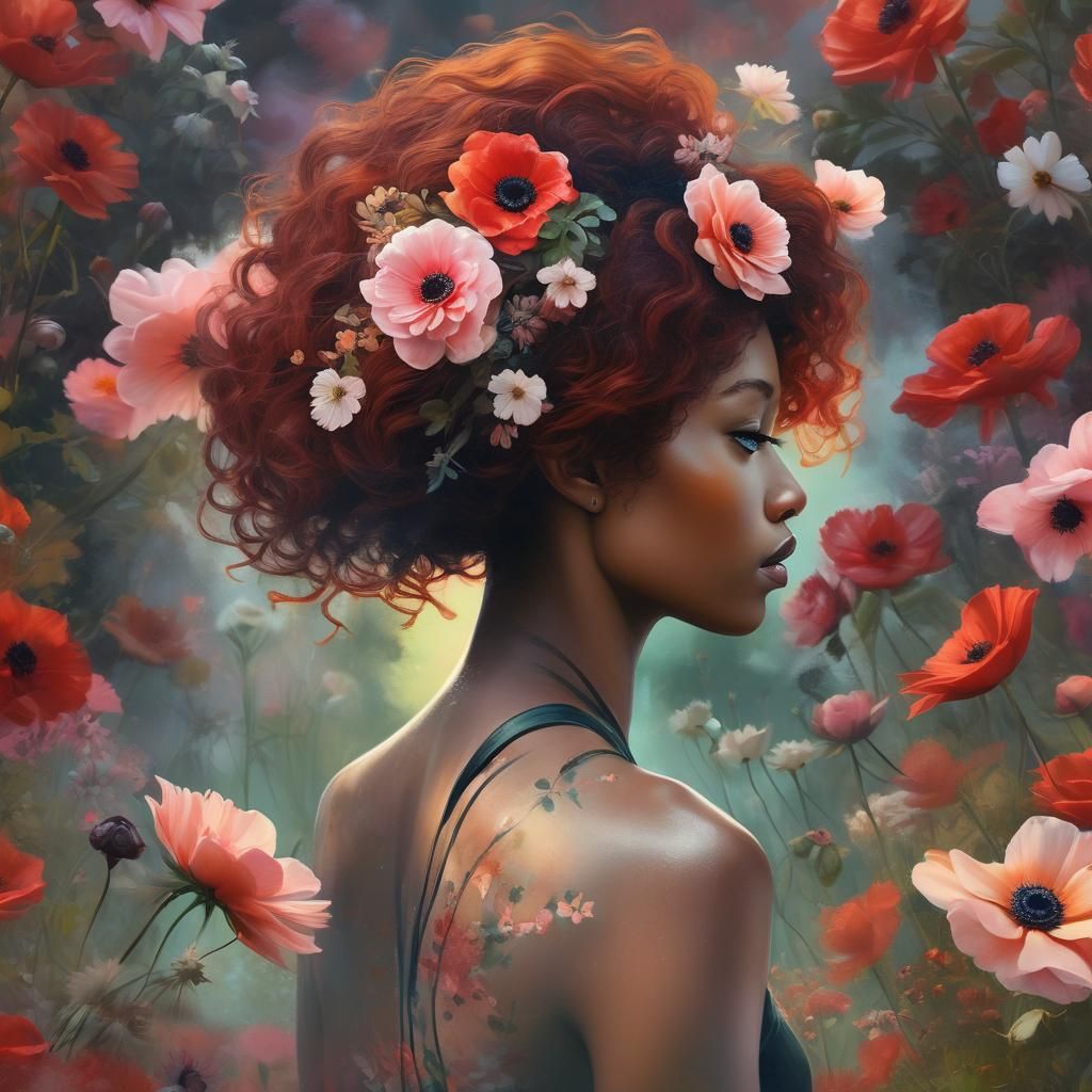 Woman with Flowers in Double Exposure Digital Art