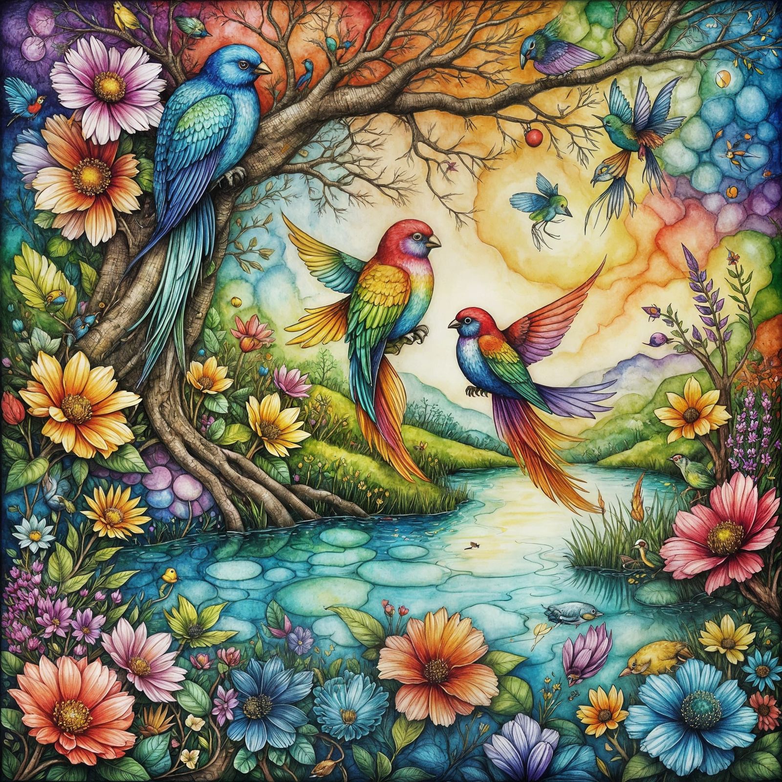 Birds Transforming from Fish in Pond, in Fantasy Art Style