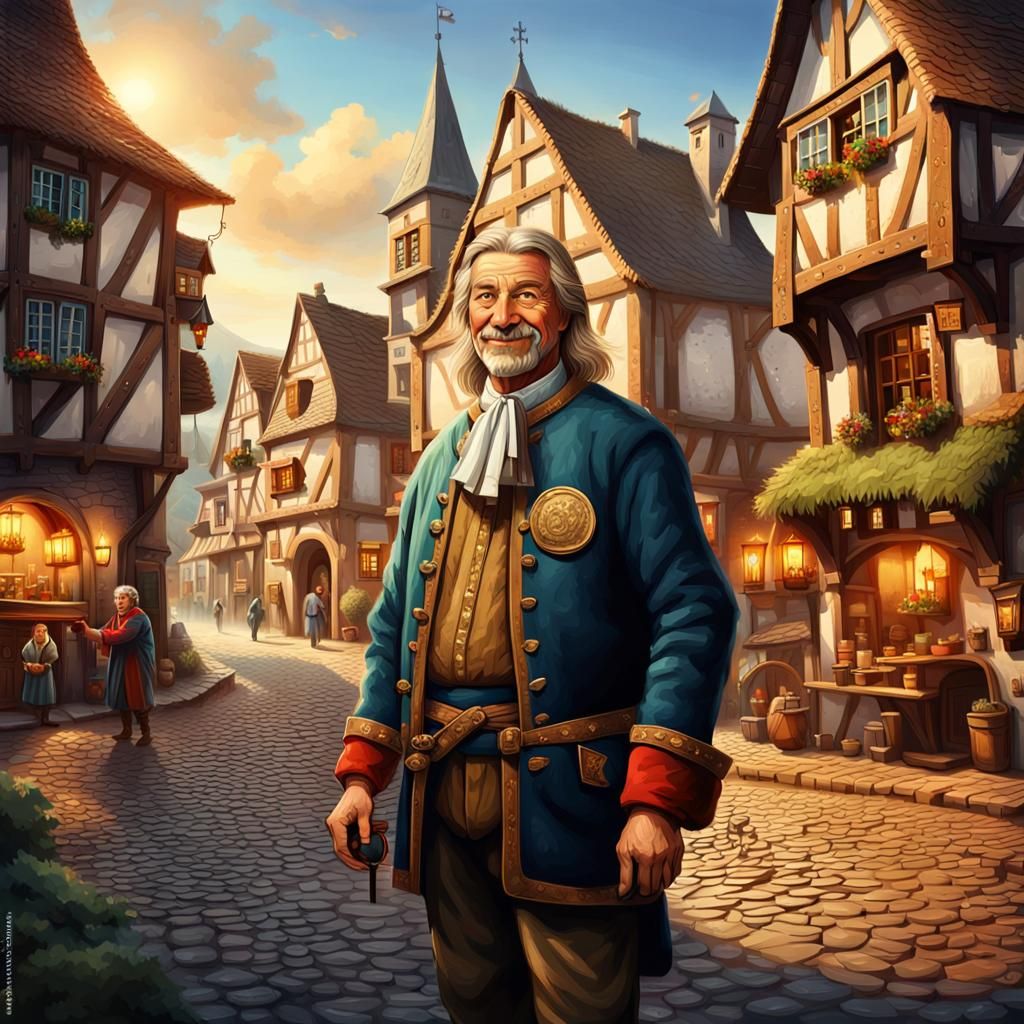 Happy Medieval Mayor in Village Square Painting