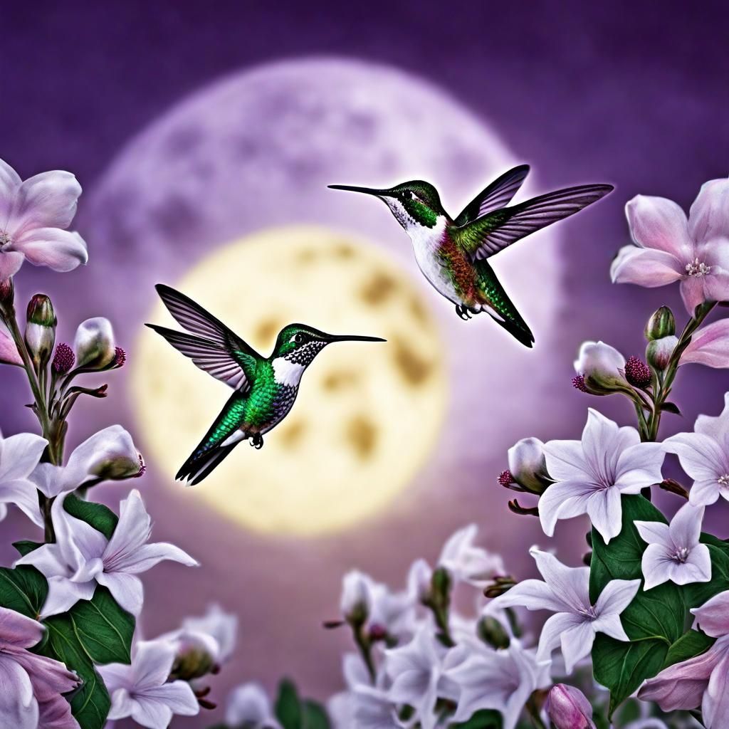 Hummingbirds on Flowers with Violet Moonlit Sky