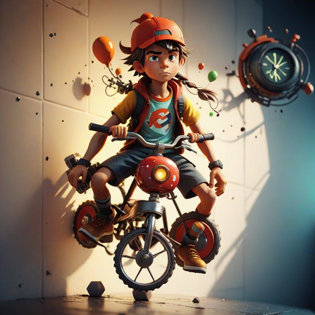 Child Frustrated with Fallen Bicycle in Clockpunk Style