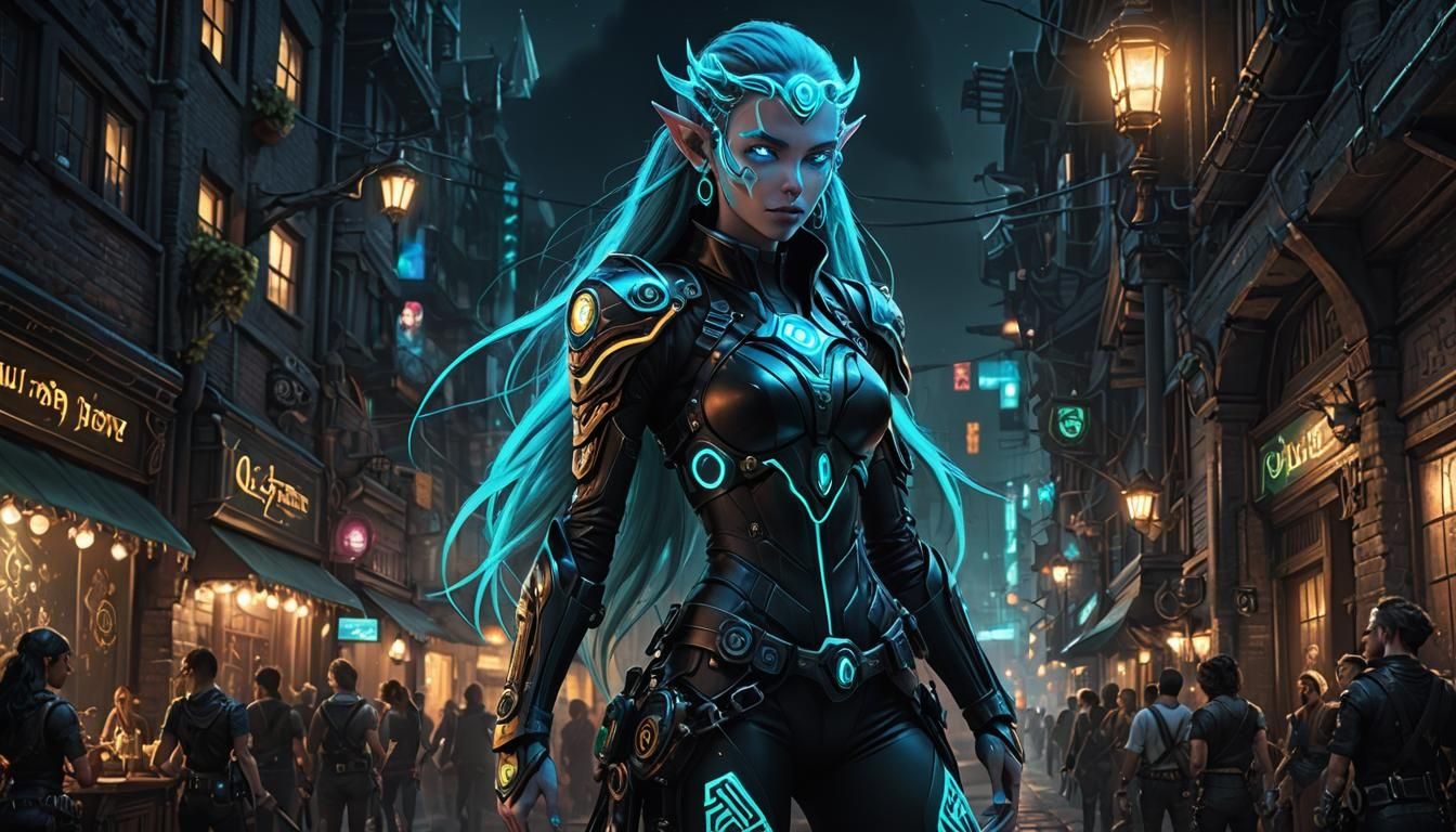 Neon-Punk Elf with Bioluminescent Hair in High Detail
