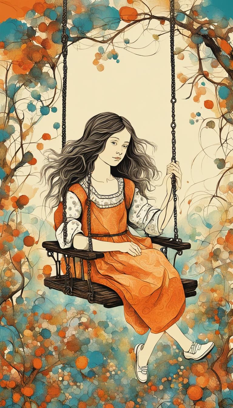 Girl in Garden Swing, Renaissance Abstract Art