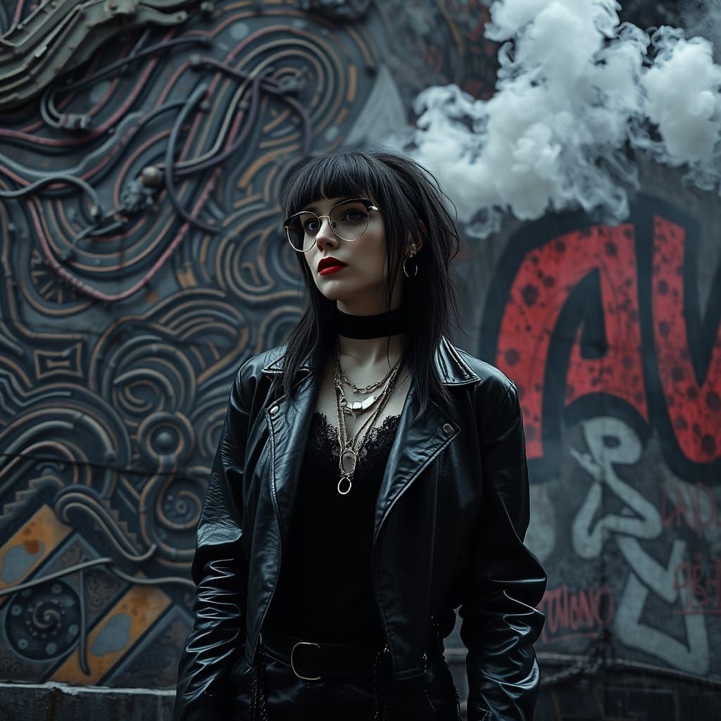 Cyber Goth Model Against Vibrant Street Art Mural