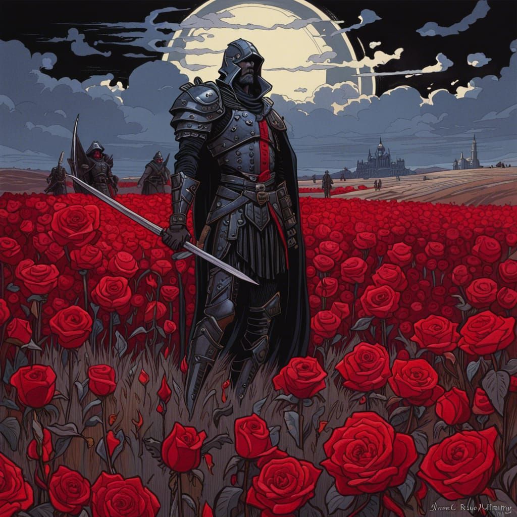 Dark Paladin in Bloody Rose Field: Oil Painting