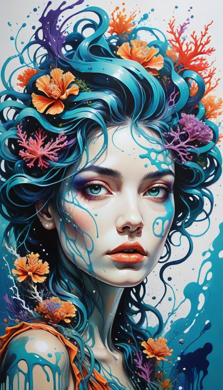 Surreal Underwater Woman Amidst Coral in Oil Painting Style