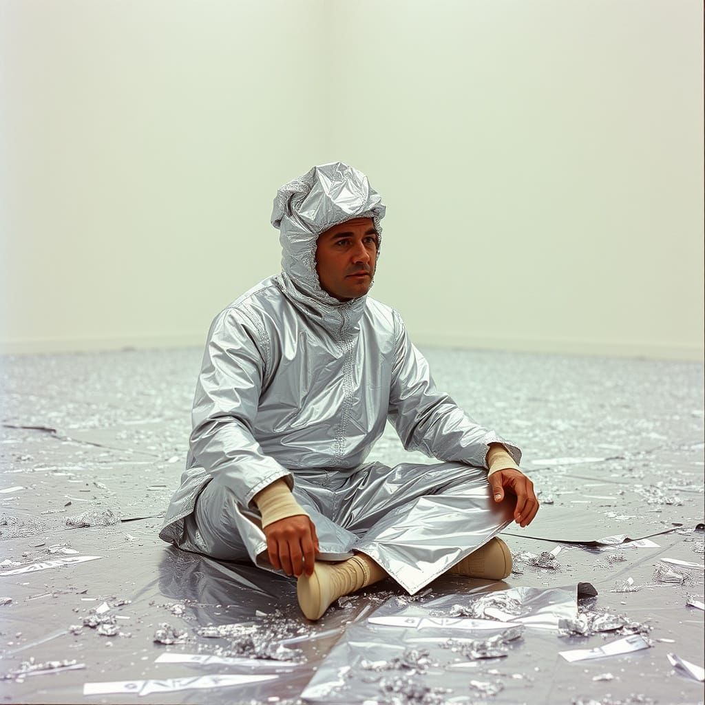 Man in Tin Foil Suit Stranded in Foil Room