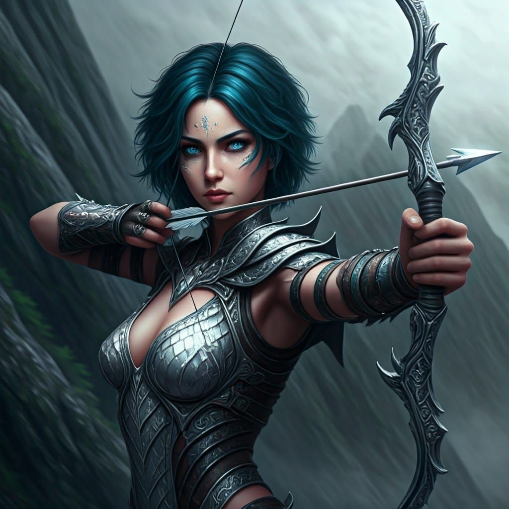 Ethereal Huntress in Majestic Mountains