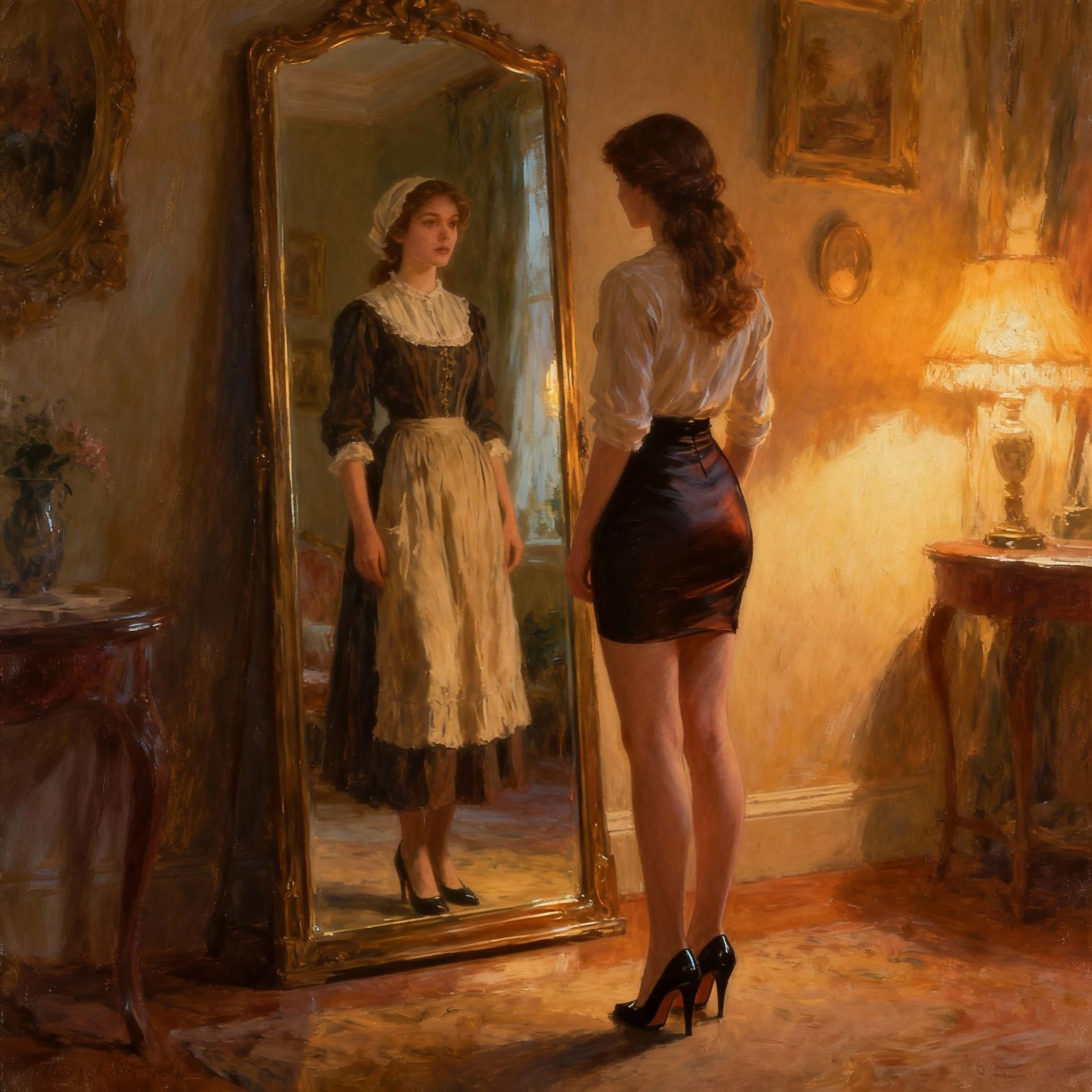 Woman Checks Modest Reflection in Mirror