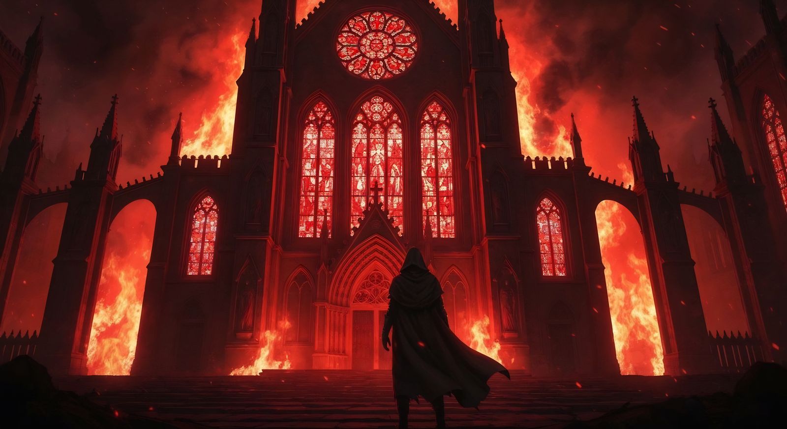 Gothic Cathedral Engulfed in Flames: Dark Fantasy