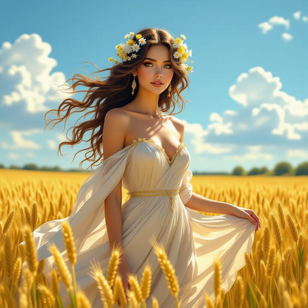 Goddess in Wheat Field: Art Nouveau Ethereal Realism
