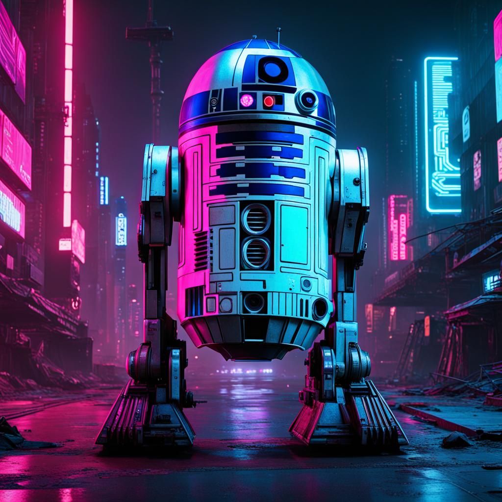 Cyberpunk R2-D2 in Neon Cityscape
