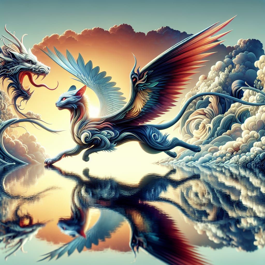 Dragon-Cat Chimera Soaring, Digital Cell-Shaded Art
