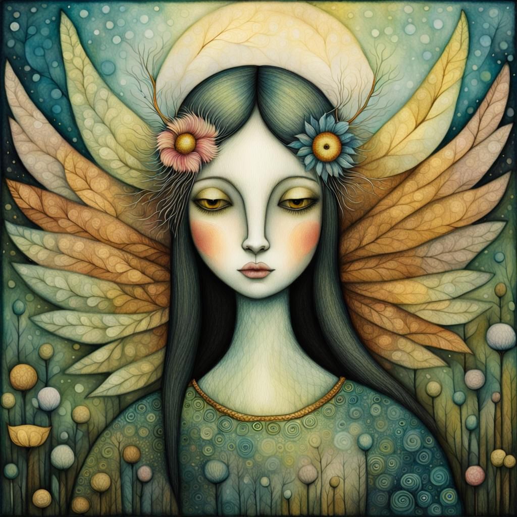 Dreamlike Woman-Bird Portrait in Art Brut Style