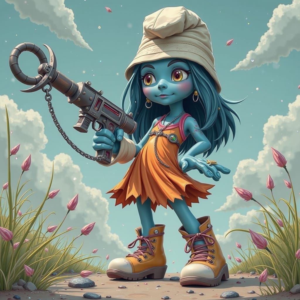 Smurfette Supermodel Wielding Weapon in Gritty Realism