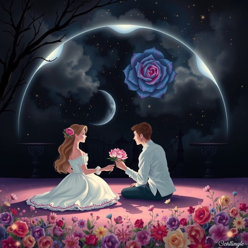 Tender Moonlit Couple in Whimsical Watercolor Style