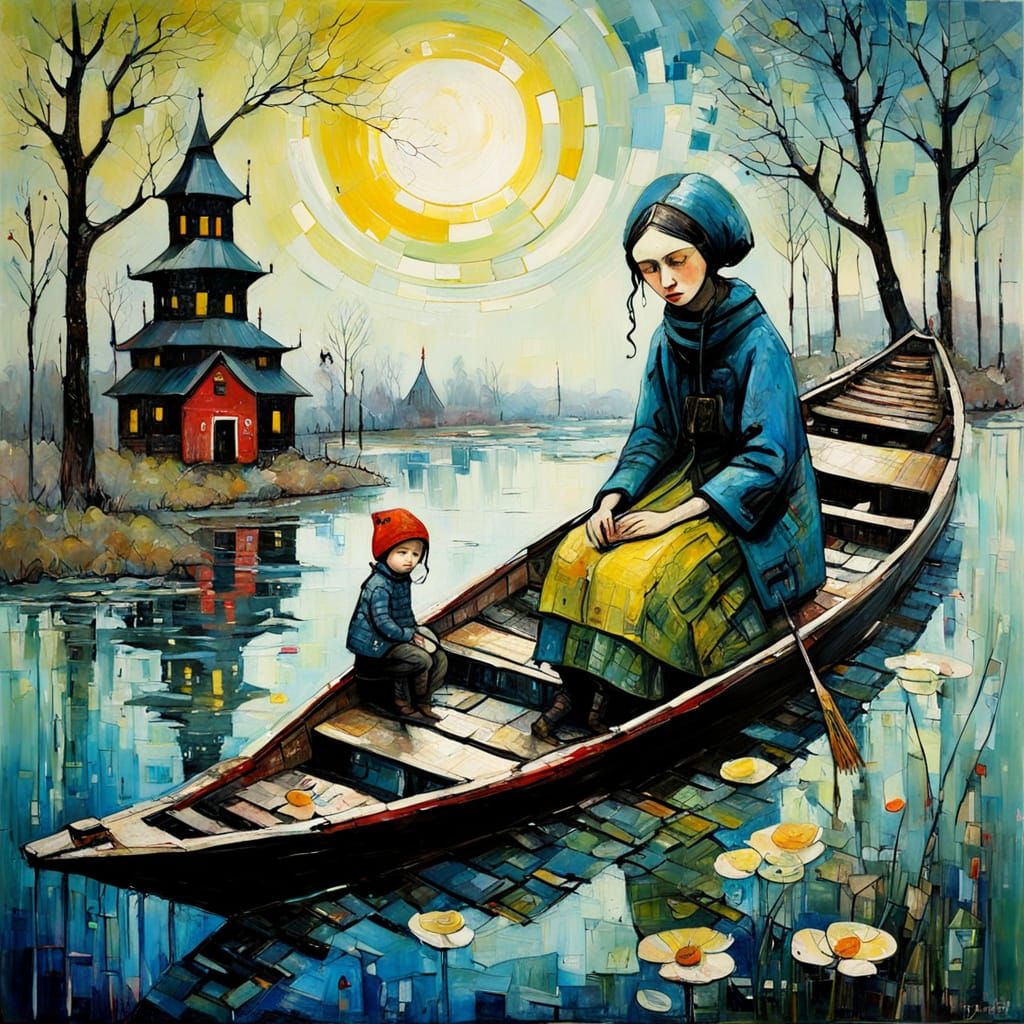 Primitive Naive Encaustic Painting with Textured Elements