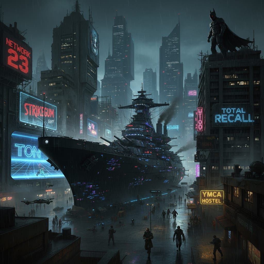 Cyberpunk Battleship in Futuristic City Port