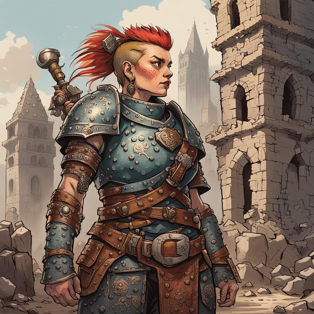 Female Dwarf Fighter with Warhammer and Mohawk