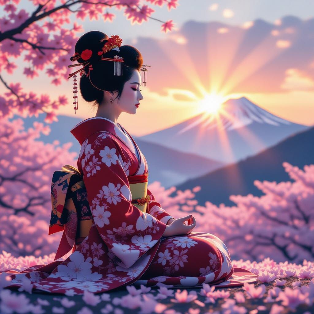 Geisha Meditation Double Exposure with Blossom Forest and Su...