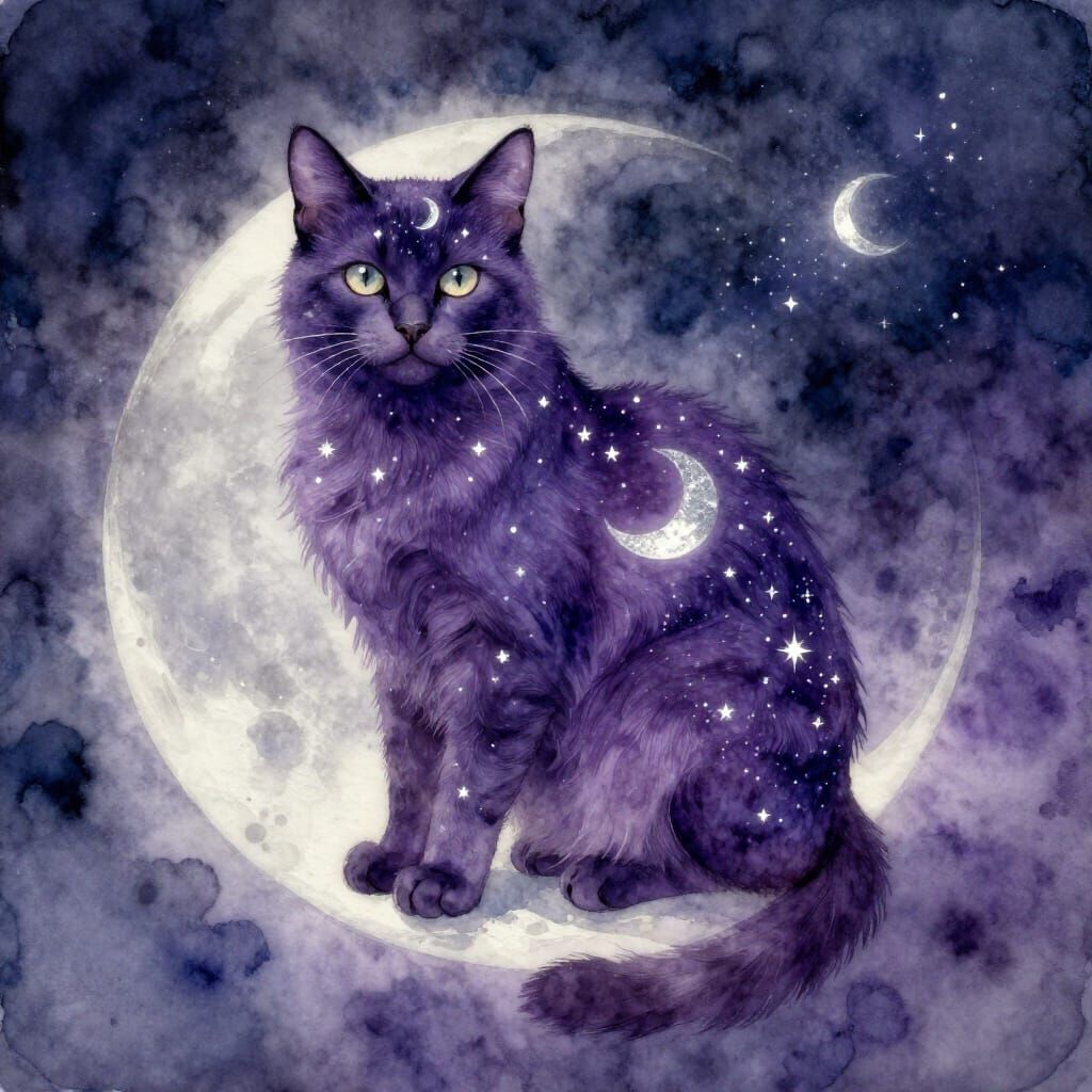 Mystical Purple Cat on Moon in Watercolour Style