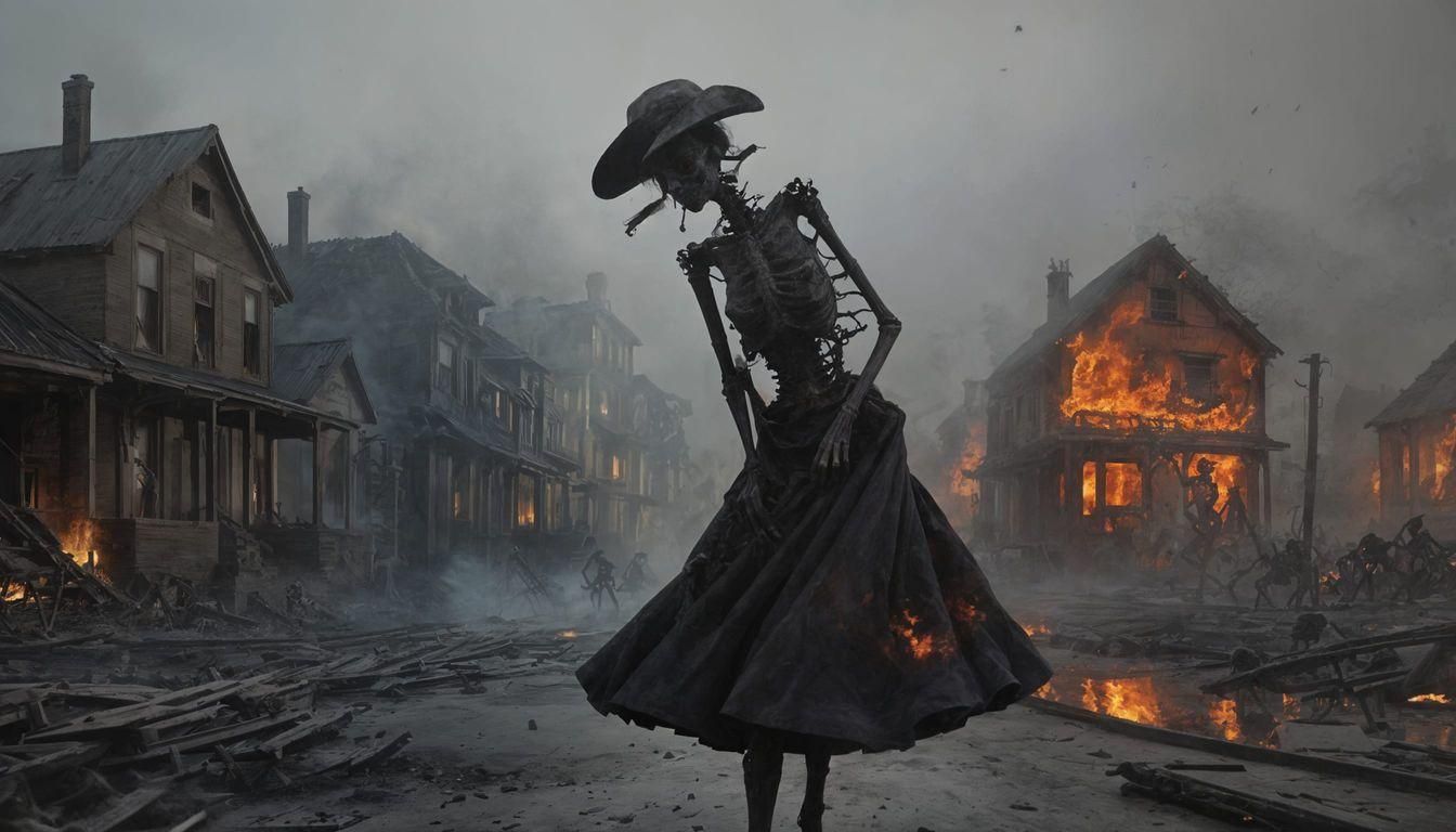 Skeletons Dance Around Burning Houses as Oil Painting