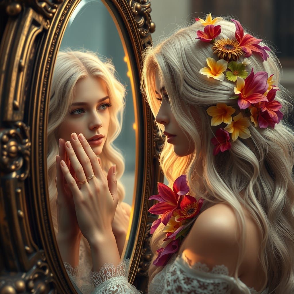 Ethereal Beauty Contemplates Mystifying Reflection