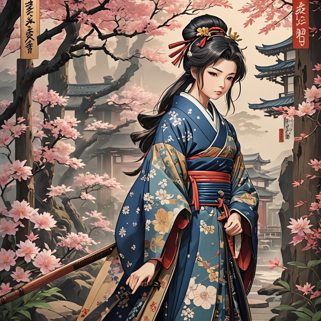 Japanese Woodblock Art in Anime Style