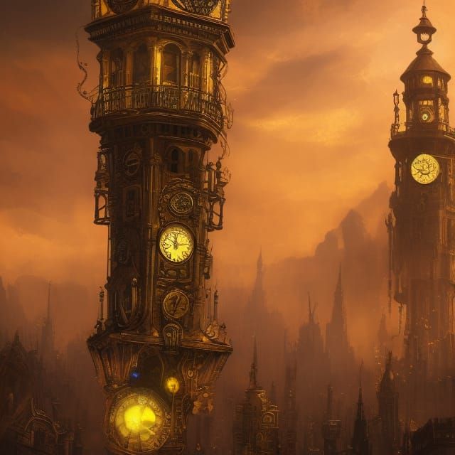 Steampunk Golden Clock Tower: Detailed Matte Painting