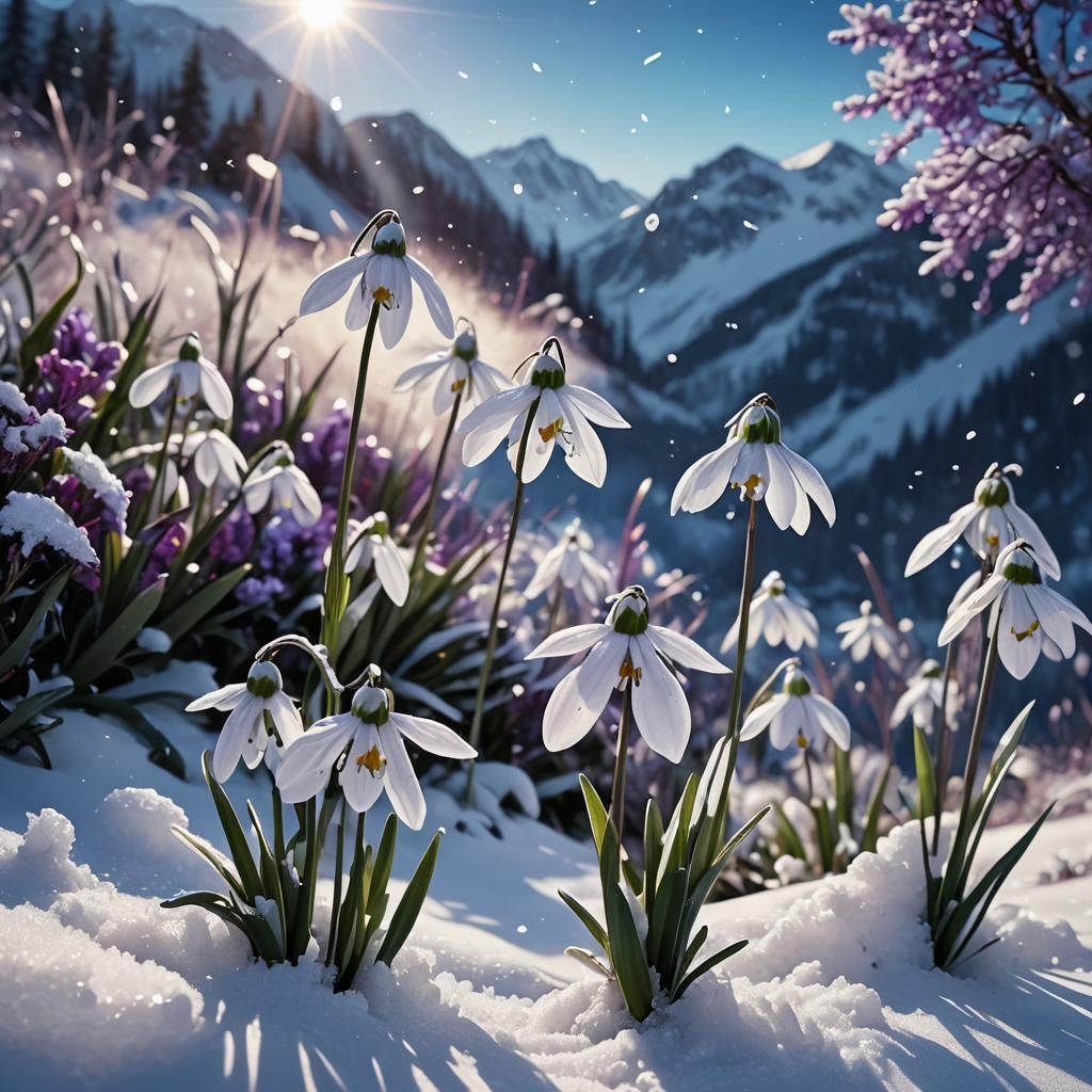 Snowdrops on Snowy Mountain Peak in Splash Art