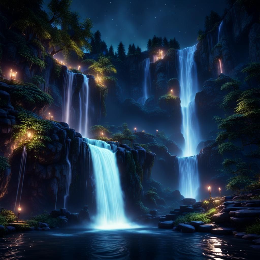 fairy waterfall in the night