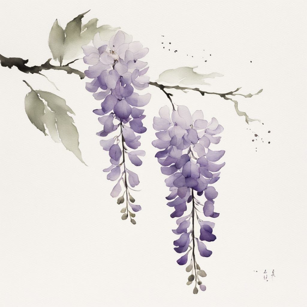 Elegant Wisteria Blossom in Japanese Ink Wash Style