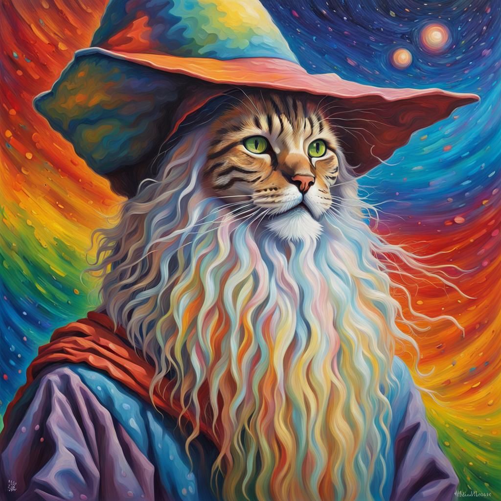 Rainbow Cat-Faced Wizard in Expressionist Oil Painting